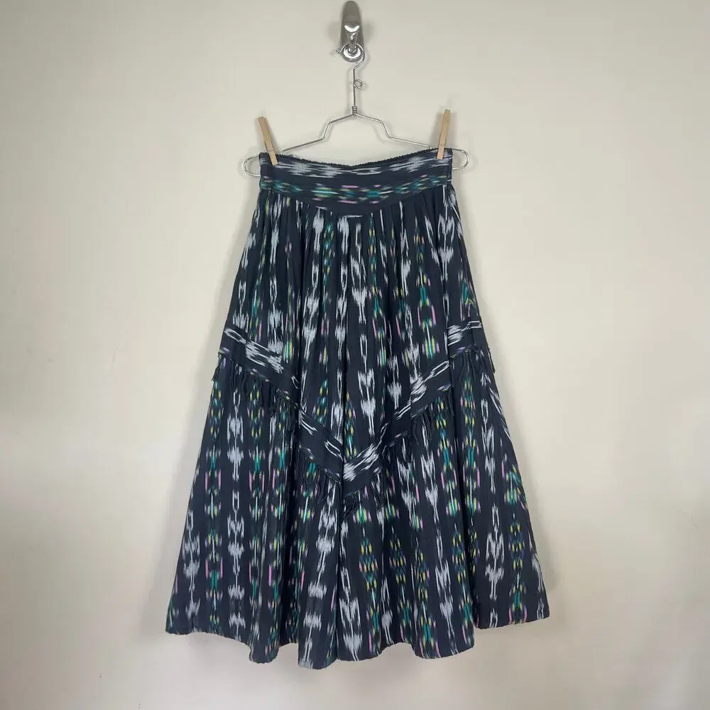 Vintage Ikat El Huarache skirt Sz M fringe Tiered Boho Gypsy Full ethnic 70s